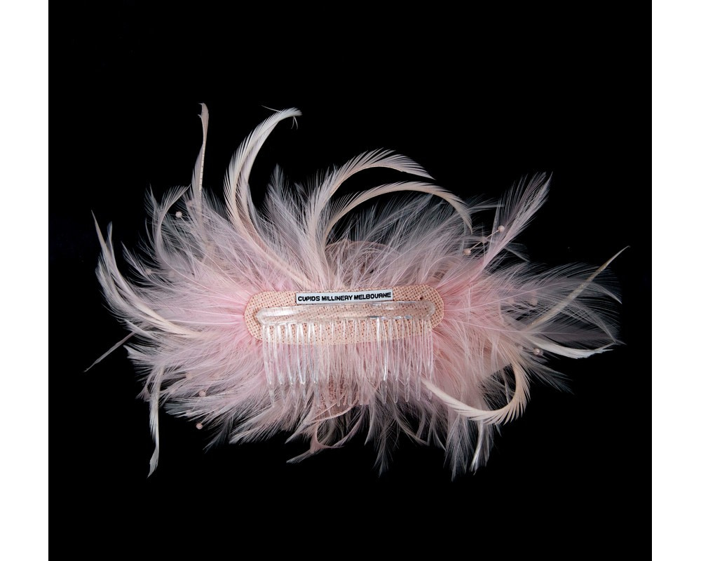 Pink custom made feather fascinator comb - Hats From OZ UK Pink custom made feather fascinator comb - Image 4