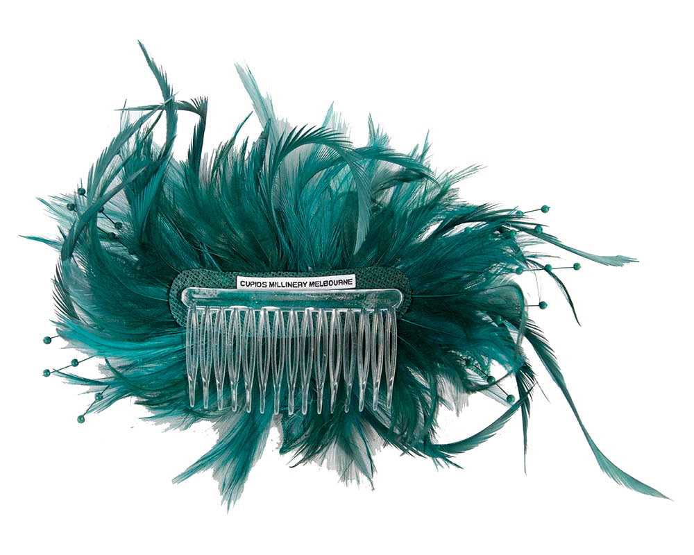 Teal custom made feather fascinator comb - Hats From OZ UK Teal custom made feather fascinator comb - Image 4