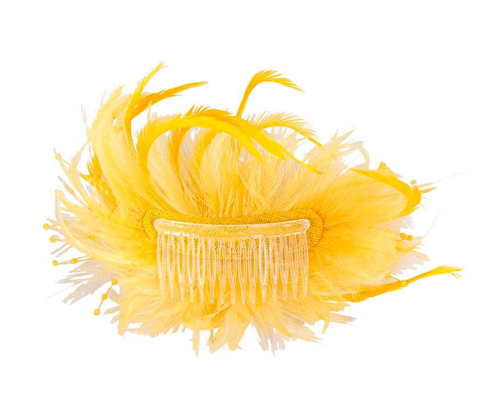 Yellow custom made feather fascinator comb - Hats From OZ UK Yellow custom made feather fascinator comb - Image 4