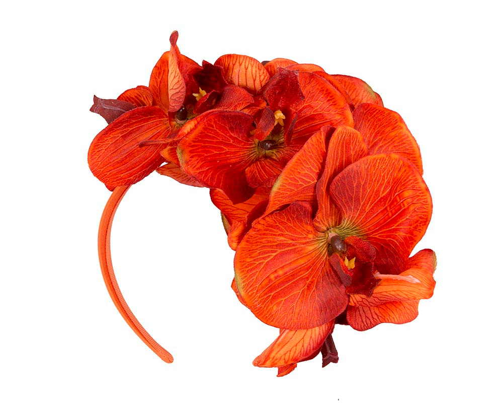 Bespoke burnt orange orchid flower headband by Fillies Collection - Image 4