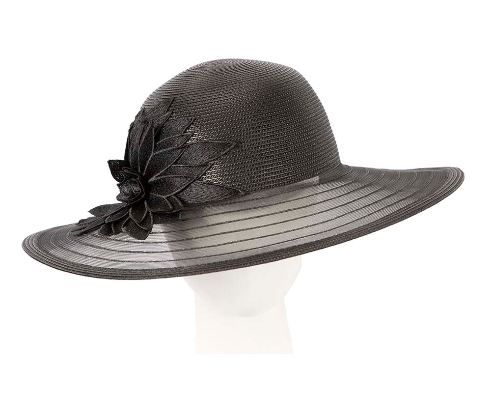 Black wide brim hat with lace flower by Cupids Millinery - Hats From OZ UK