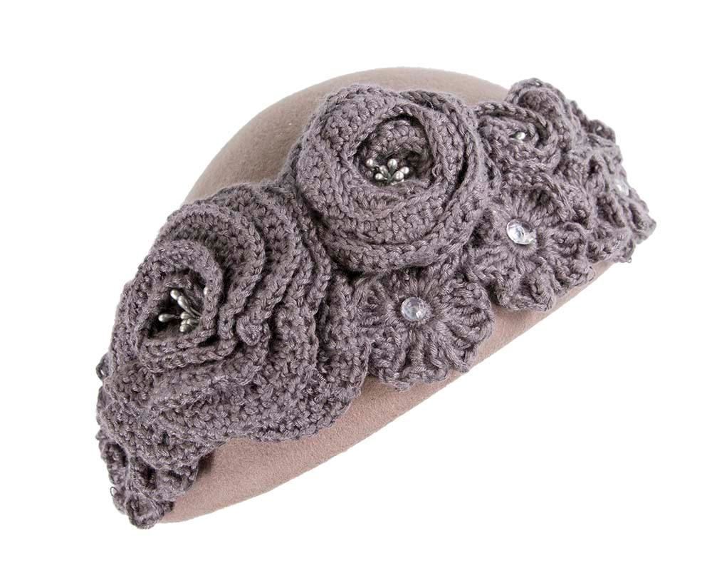 Grey felt beret with crocheted trim CU439 - Hats From OZ UK Grey felt beret with crocheted trim CU439 - Image 2
