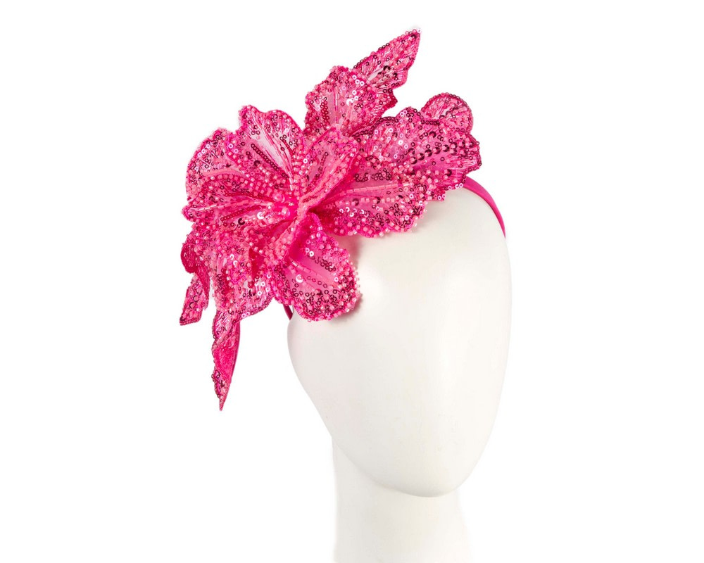 Shiny hot pink lace fascinator by Fillies Collection - Hats From OZ UK | F706HP Shiny hot pink lace fascinator by Fillies Collection - Hats From OZ UK
