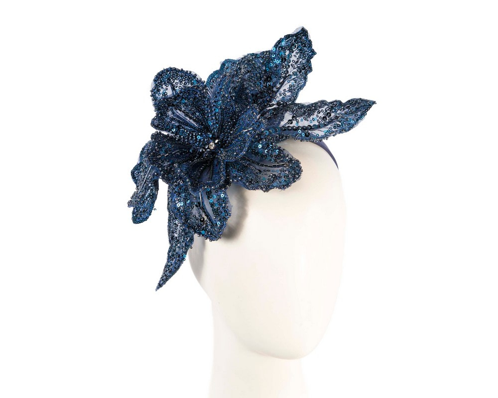 Shiny navy lace fascinator by Fillies Collection - Hats From OZ UK | F706N Shiny navy lace fascinator by Fillies Collection - Hats From OZ UK