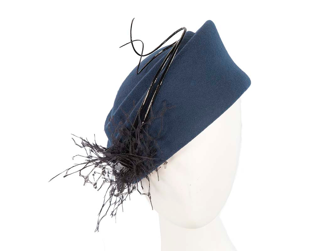 Large navy winter felt pillbox hat for races F572N - Hats From OZ UK | F572N Large navy winter felt pillbox hat for races F572N - Hats From OZ UK