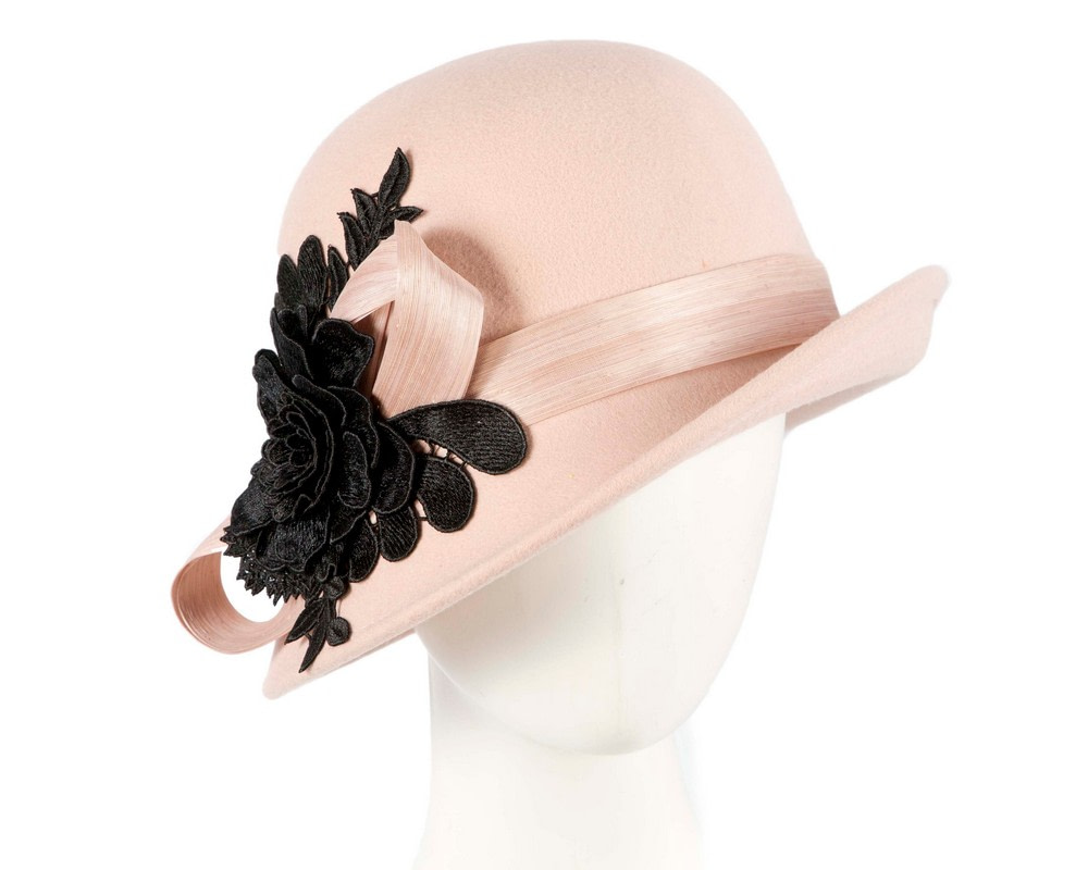 Beige felt cloche hat with lace by Fillies Collection - Hats From OZ UK