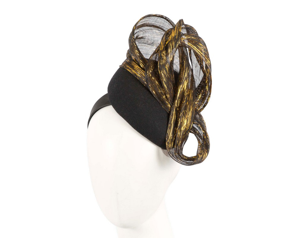 Bespoke black gold pillbox with bow by Fillies Collection - Hats From OZ UK | F666BG Bespoke black gold pillbox with bow by Fillies Collection - Hats From OZ UK