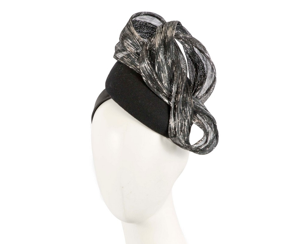 Bespoke black silver pillbox with bow by Fillies Collection - Hats From OZ UK | F666BS Bespoke black silver pillbox with bow by Fillies Collection - Hats From OZ UK