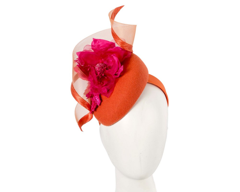 Orange winter pillbox fascinator with fuchsia flower - Hats From OZ UK