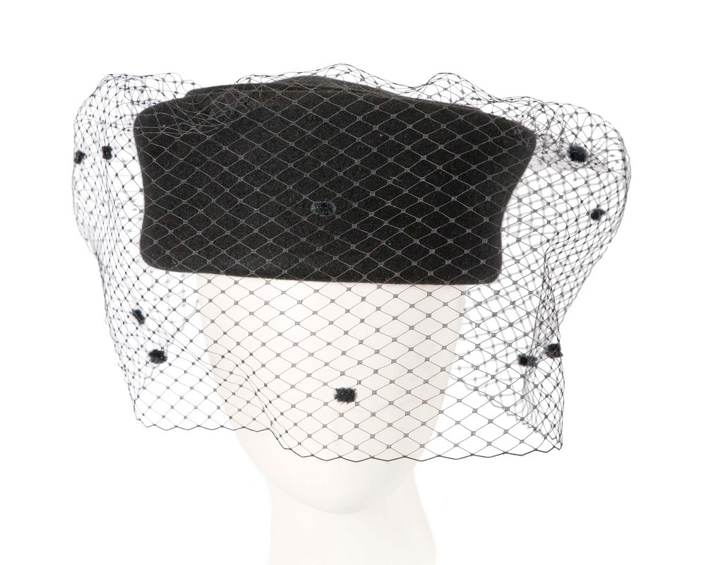 Large black beret hat with face veil by Fillies Collection - Hats From OZ UK | F678B Large black beret hat with face veil by Fillies Collection - Hats From OZ UK