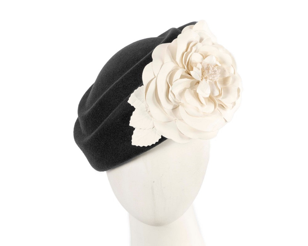 Large black & cream felt beret with leather flower - Hats From OZ UK