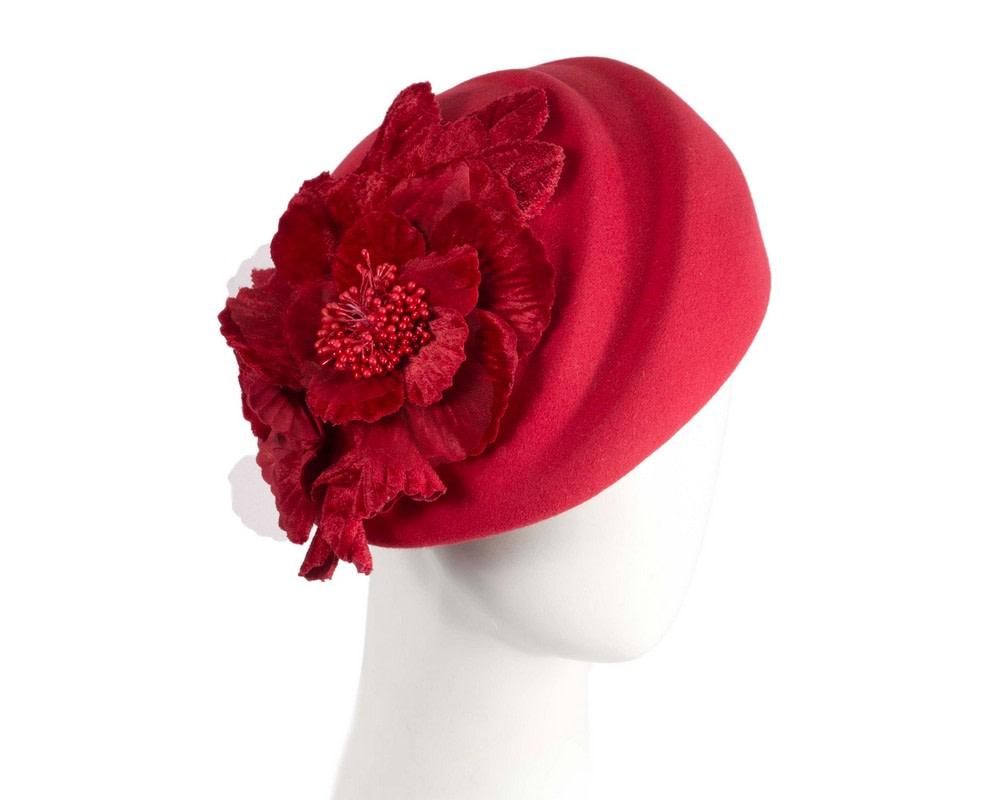 Red Wool Hat with Floral Accent - Winter Elegance - Hats From OZ UK | F709R Red Wool Hat with Floral Accent - Winter Elegance - Hats From OZ UK