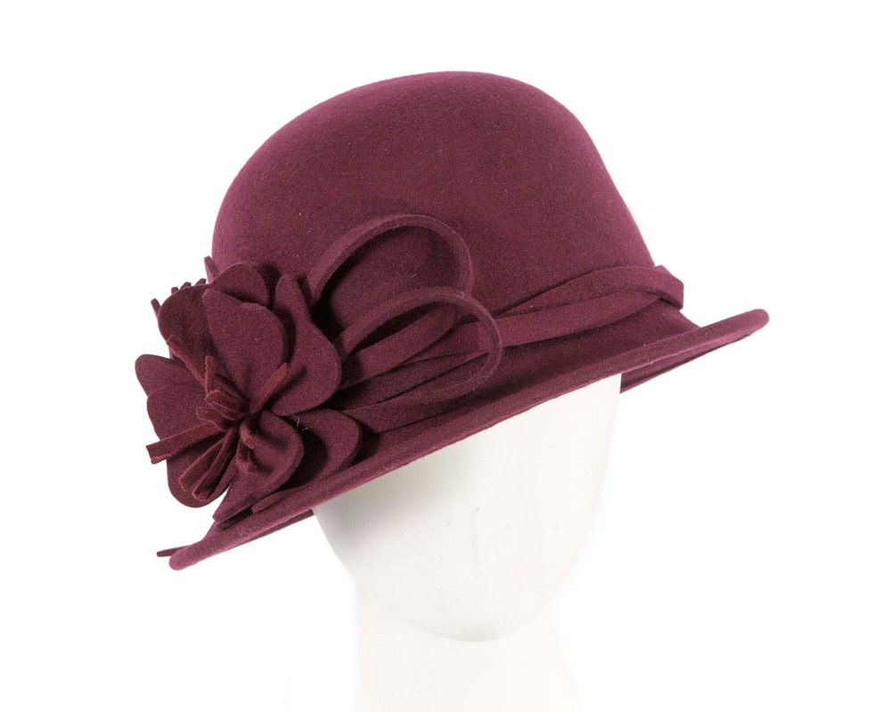 Plum color felt winter hat with flower by Max Alexander J437 - Hats From OZ UK | J437PL Plum color felt winter hat with flower by Max Alexander J437 - Hats From OZ UK