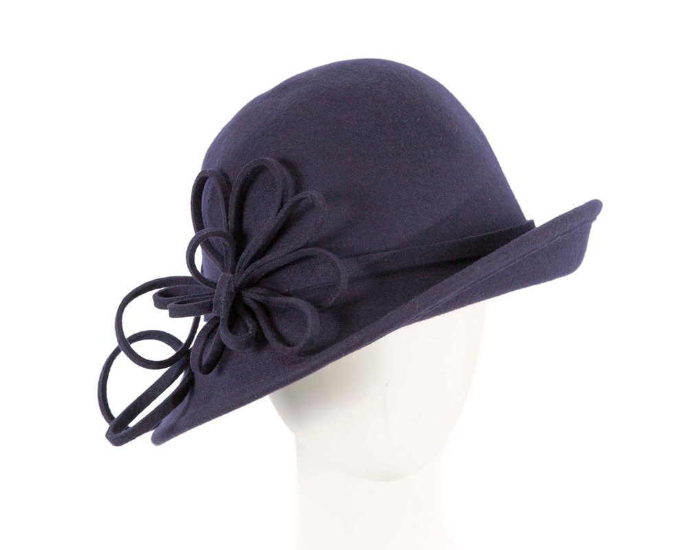 Navy felt winter hat with flower by Max Alexander - Hats From OZ UK | J439N Navy felt winter hat with flower by Max Alexander - Hats From OZ UK
