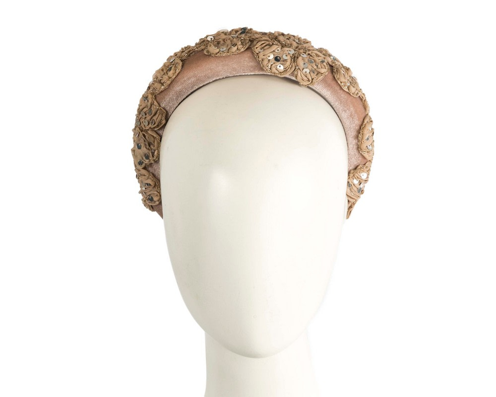 Taupe lace-covered fascinator headband - Hats From OZ UK | CU760 Taupe lace-covered fascinator headband - Hats From OZ UK