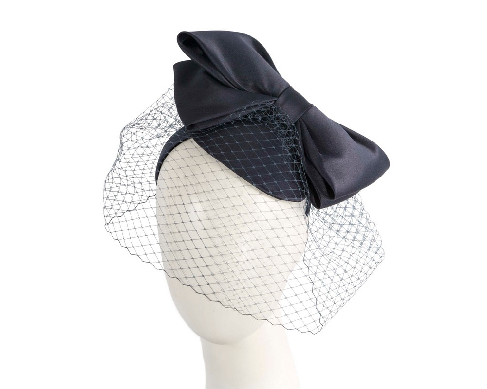 Navy satin fascinator with big bow & veil by Max Alexander - Hats From OZ UK Navy satin fascinator with big bow & veil by Max Alexander