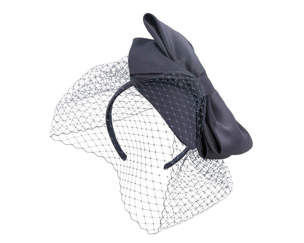 Navy satin fascinator with big bow & veil by Max Alexander - Hats From OZ UK Navy satin fascinator with big bow & veil by Max Alexander - Image 2