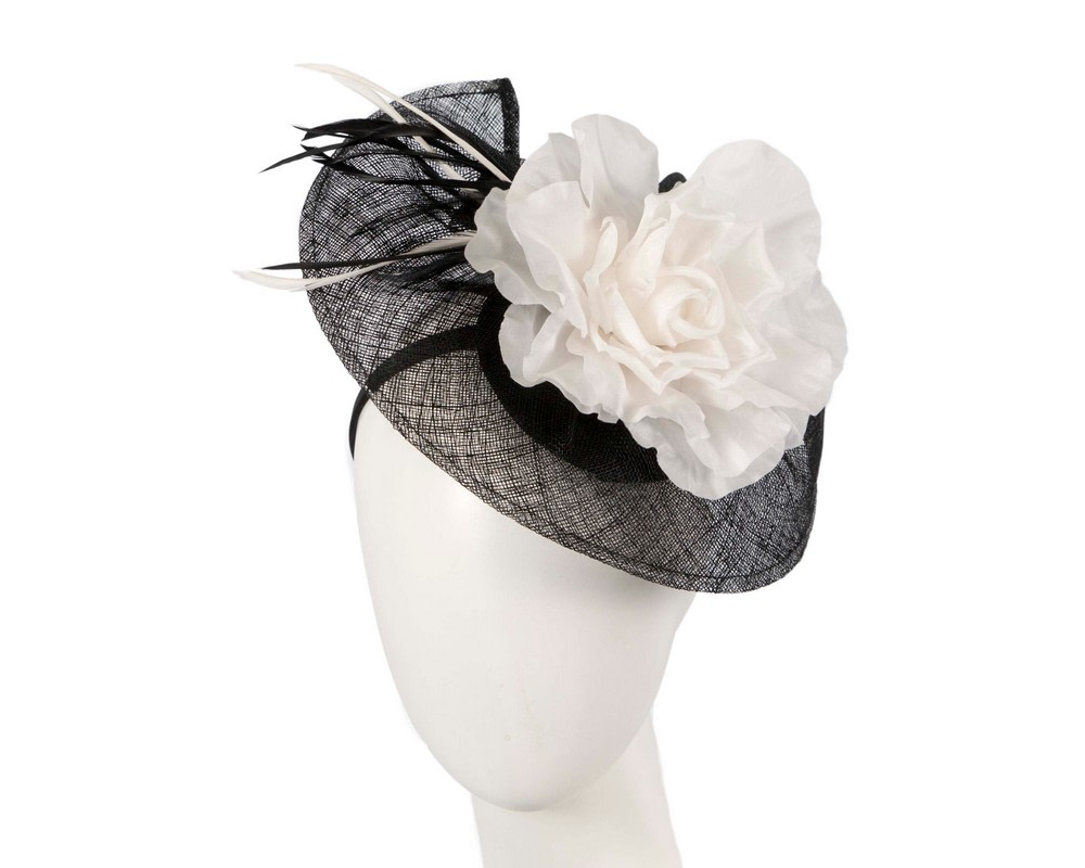 Large black fascinator with white flower by Max Alexander - Hats From OZ UK Large black fascinator with white flower by Max Alexander