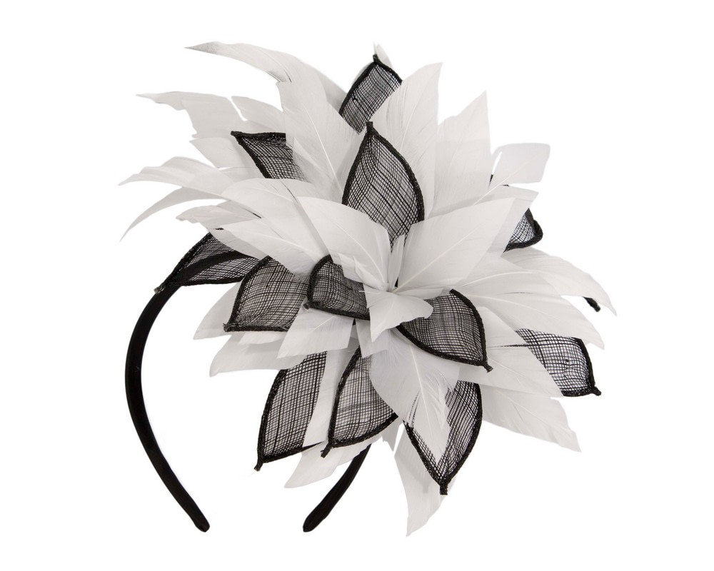 Black & White feathers flower fascinator by Max Alexander - Hats From OZ UK Black & White feathers flower fascinator by Max Alexander - Image 2