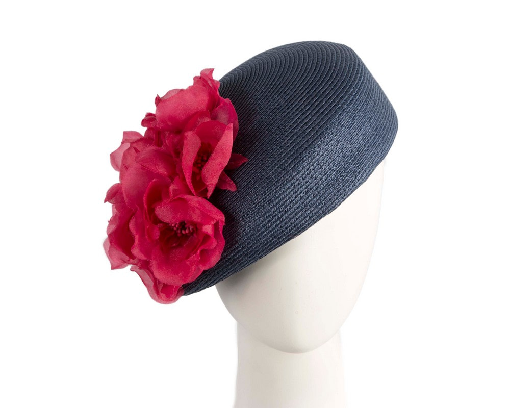 Modern navy beret hat with red flowers by Max Alexander - Hats From OZ UK
