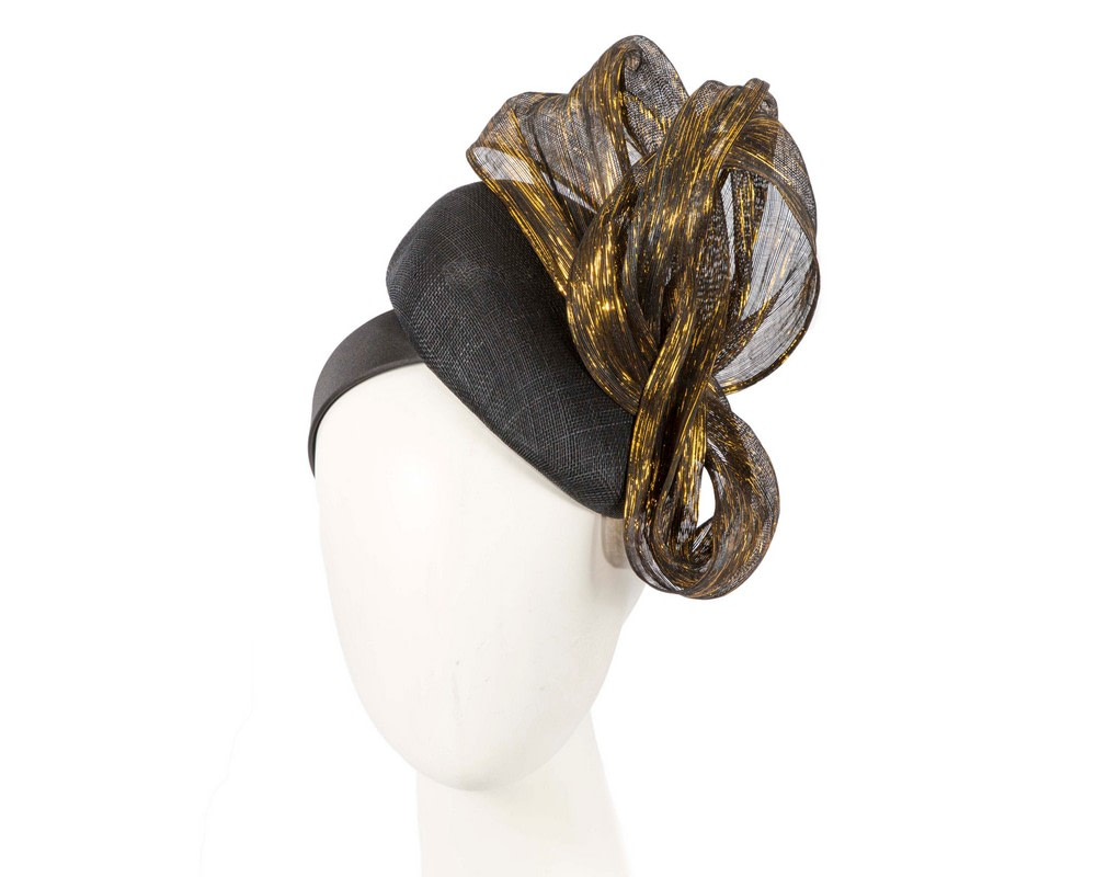 Black pillbox fascinator with gold bow by Fillies Collection - Hats From OZ UK | S258BG Black pillbox fascinator with gold bow by Fillies Collection - Hats From OZ UK