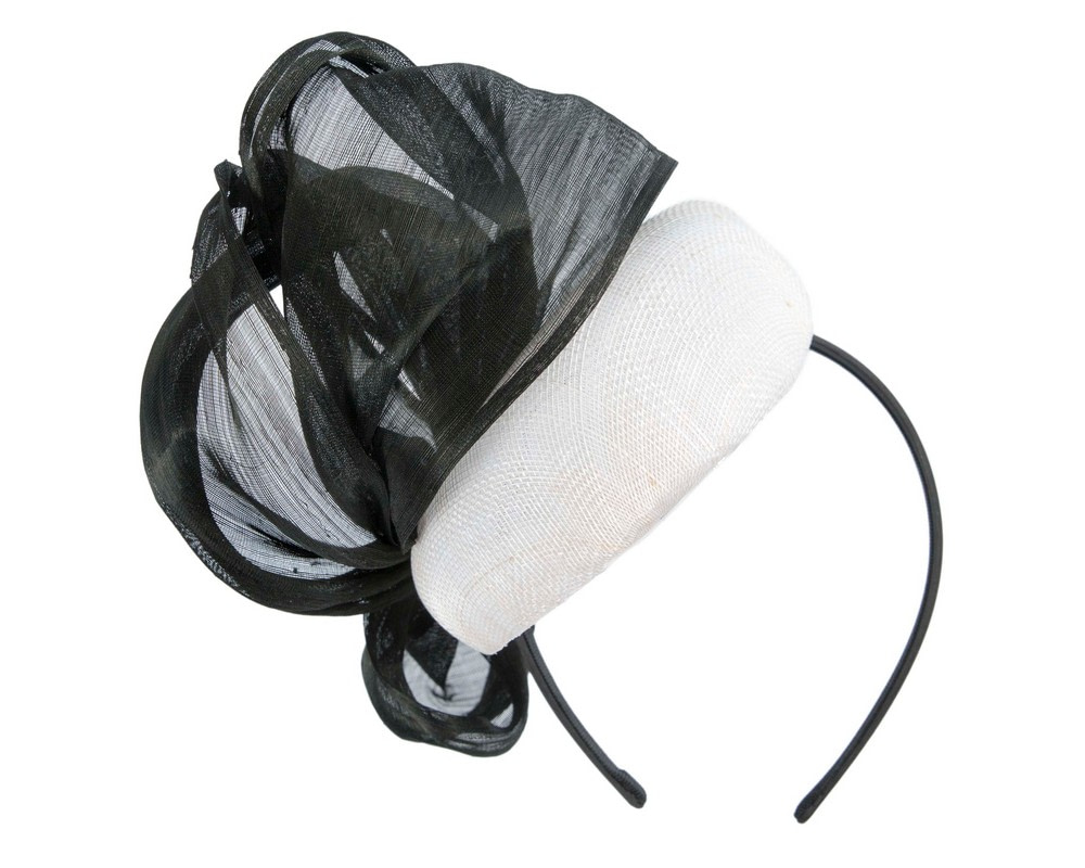 White pillbox fascinator with black silk abaca bow by Fillies Collection - Hats From OZ UK White pillbox fascinator with black silk abaca bow by Fillies Collection - Image 6