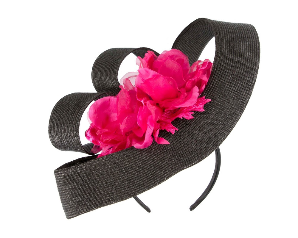 Large black & fuchsia fascinator with flower by Fillies Collection - Hats From OZ UK Large black & fuchsia fascinator with flower by Fillies Collection - Image 2