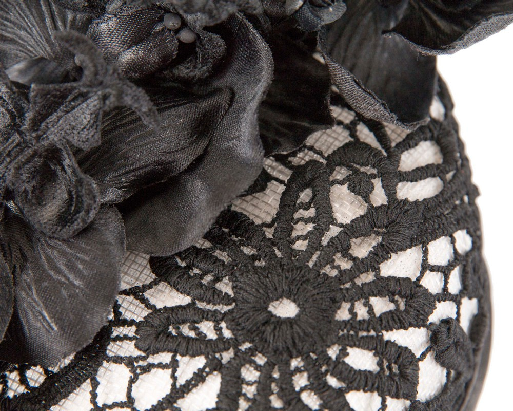 White & black lace covered pillbox fascinator - Hats From OZ UK White & black lace covered pillbox fascinator - Image 5