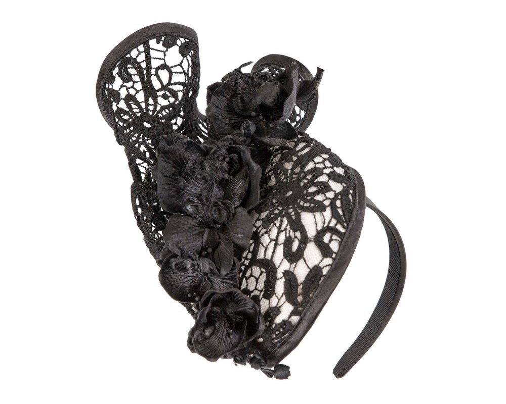 White & black lace covered pillbox fascinator - Hats From OZ UK White & black lace covered pillbox fascinator - Image 2