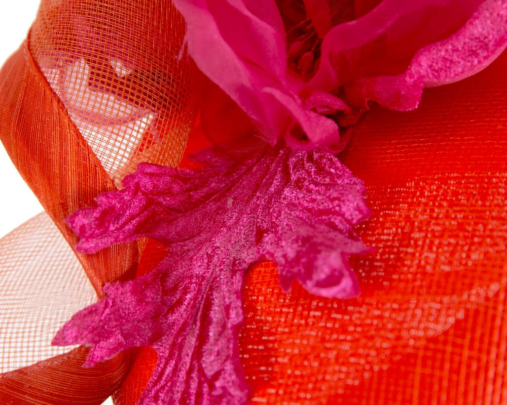 Orange pillbox fascinator with fuchsia flower by Fillies Collection - Image 5