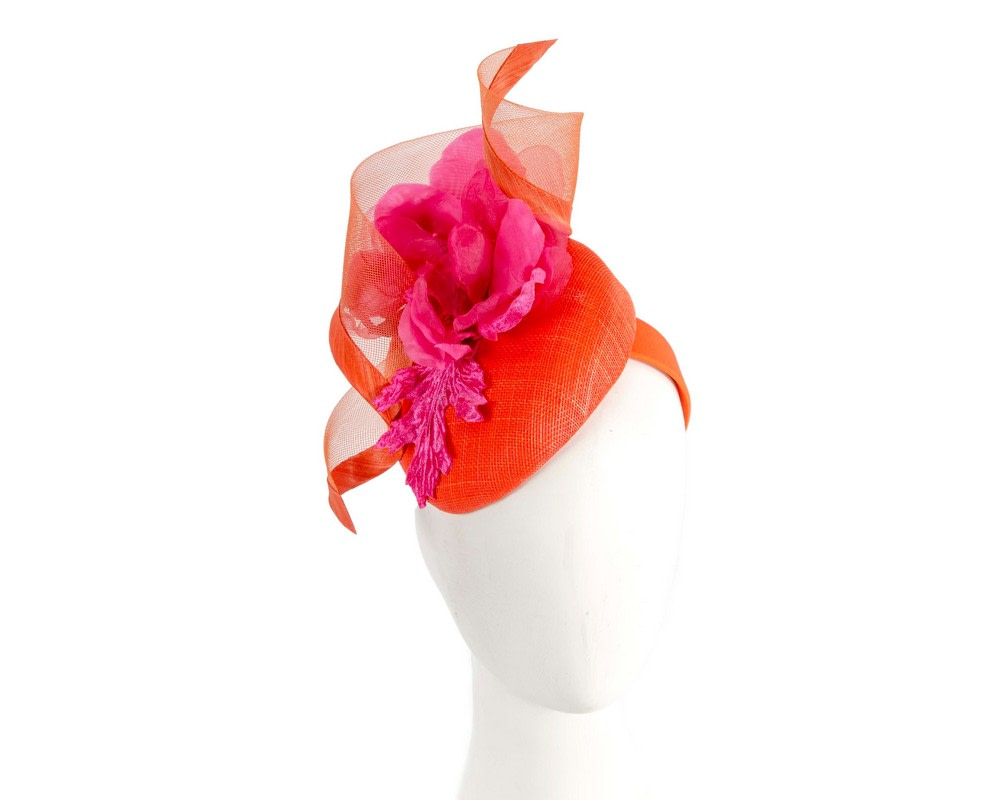 Orange pillbox fascinator with fuchsia flower by Fillies Collection
