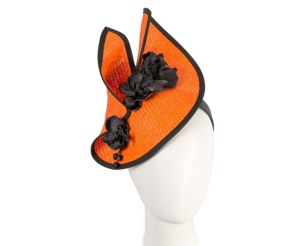 Orange & black spring racing fascinator with orchid - Hats From OZ UK | S300ORB Orange & black spring racing fascinator with orchid - Hats From OZ UK