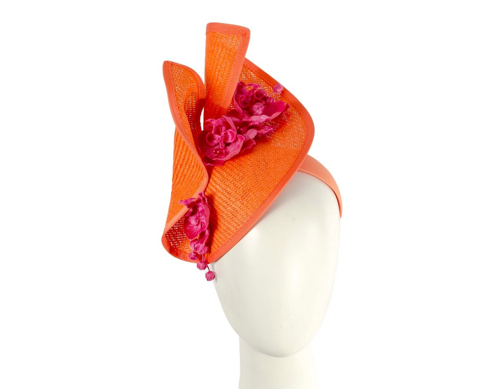 Orange & Fuchsia spring racing fascinator with orchid - Hats From OZ UK | S300ORF Orange & Fuchsia spring racing fascinator with orchid - Hats From OZ UK