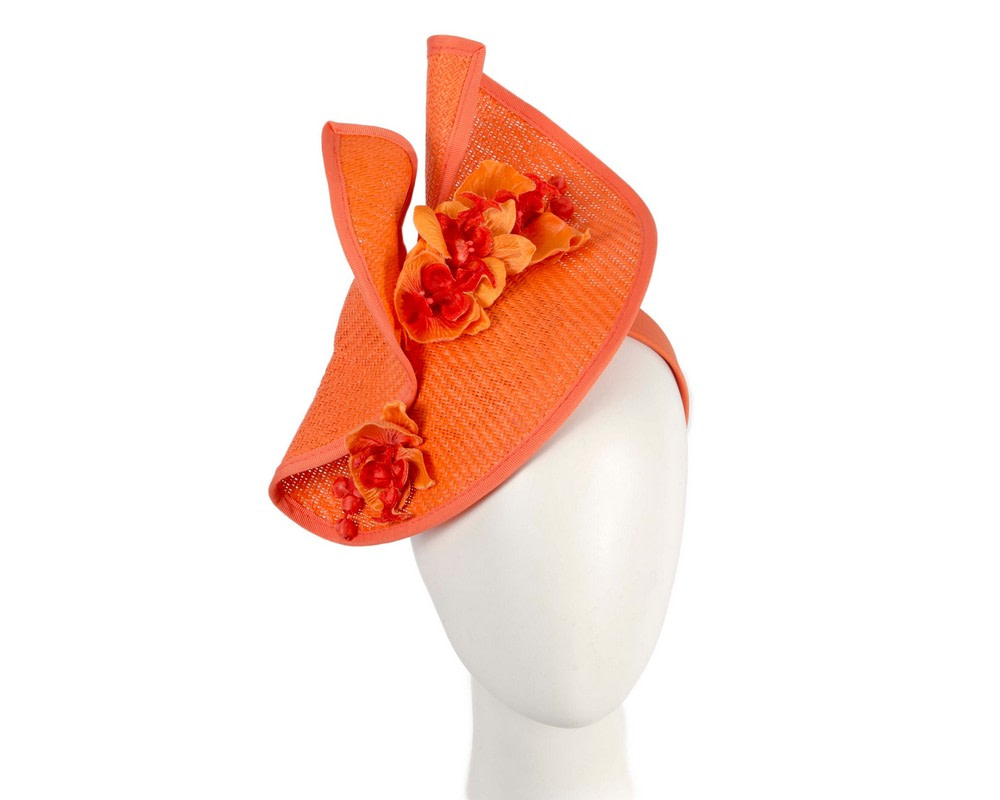 Orange spring racing fascinator with orchid - Hats From OZ UK | S300OR Orange spring racing fascinator with orchid - Hats From OZ UK
