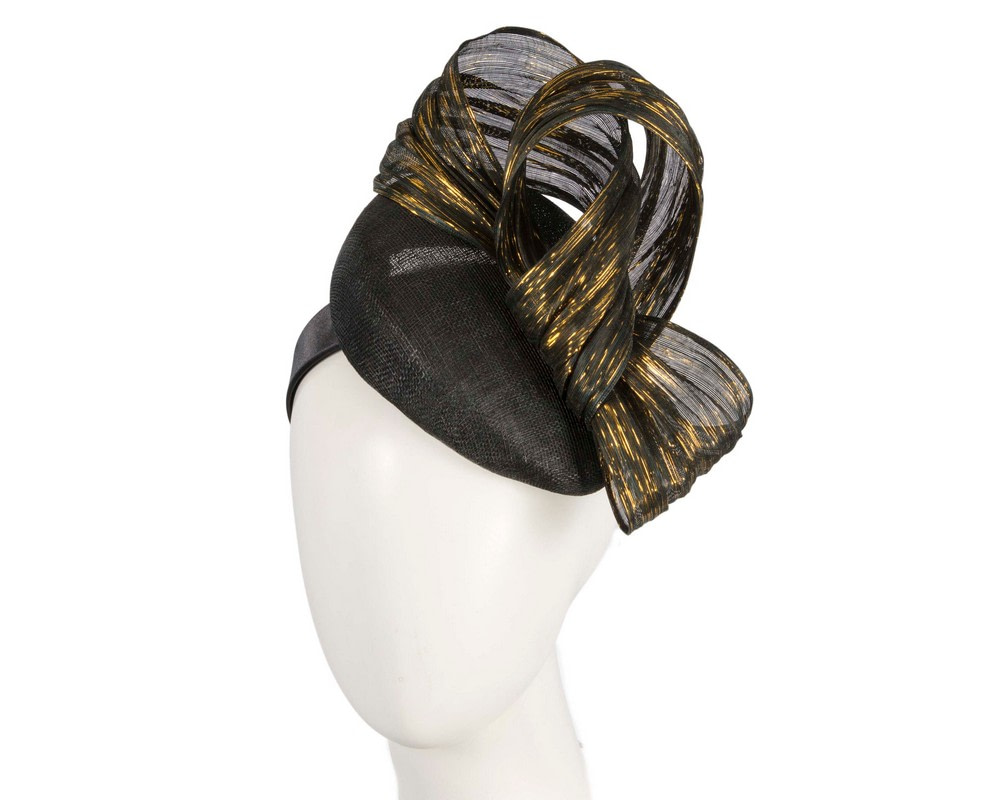 Black pillbox fascinator with gold silk abaca bow by Fillies Collection - Hats From OZ UK | S307BG Black pillbox fascinator with gold silk abaca bow by Fillies Collection - Hats From OZ UK