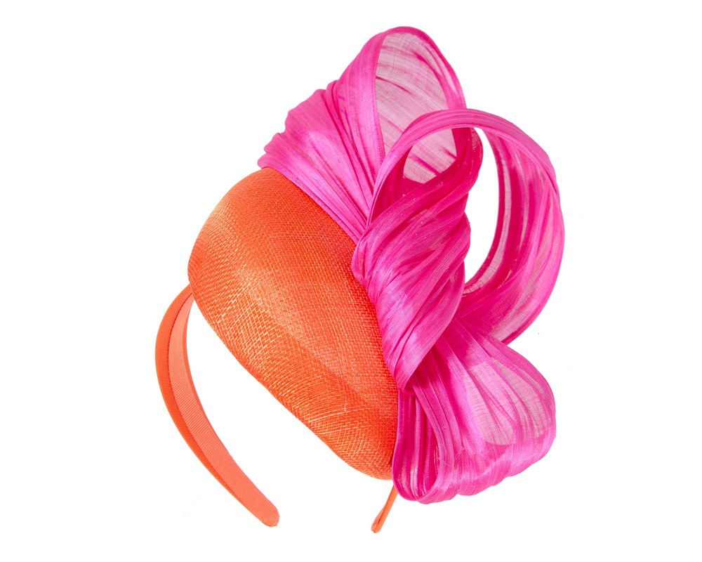 Orange & Hot Pink pillbox fascinator with silk abaca bow by Fillies Collection - Hats From OZ UK Orange & Hot Pink pillbox fascinator with silk abaca bow by Fillies Collection - Image 2