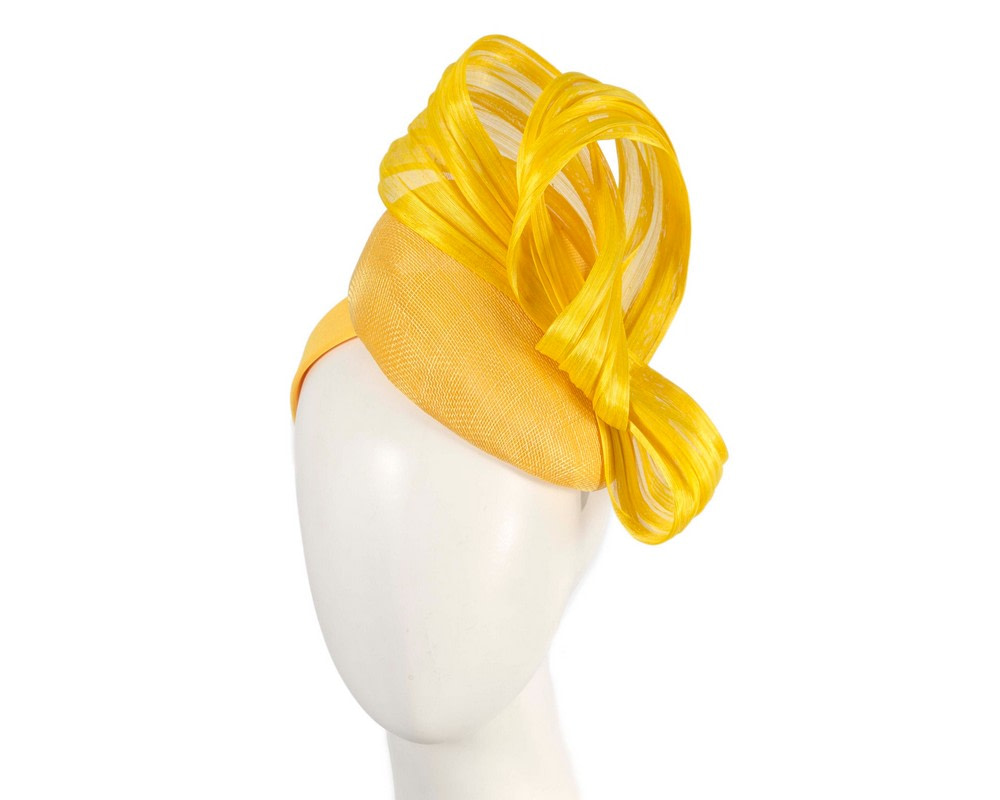 Yellow pillbox fascinator with silk abaca bow by Fillies Collection - Hats From OZ UK | S307Y Yellow pillbox fascinator with silk abaca bow by Fillies Collection - Hats From OZ UK
