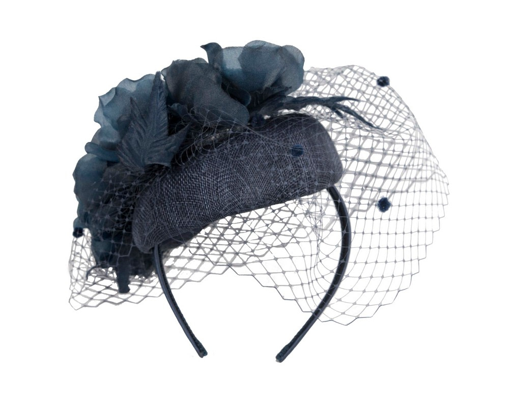 Navy flower pillbox with face veil by Fillies Collection - Hats From OZ UK Navy flower pillbox with face veil by Fillies Collection - Image 4