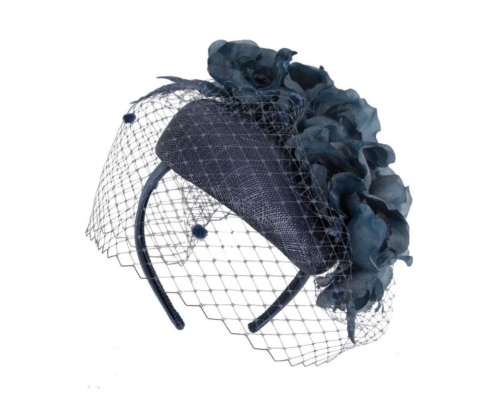 Navy flower pillbox with face veil by Fillies Collection - Hats From OZ UK Navy flower pillbox with face veil by Fillies Collection - Image 2