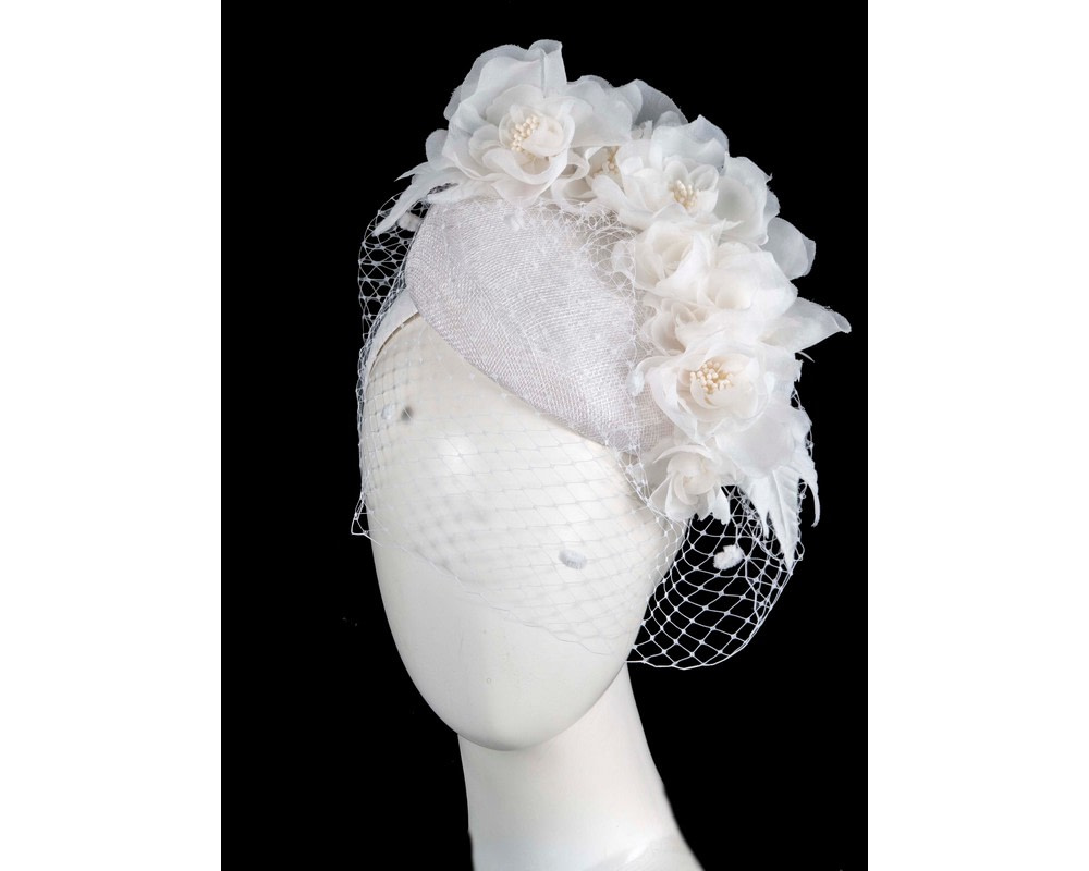 White flower pillbox with face veil by Fillies Collection - Hats From OZ UK