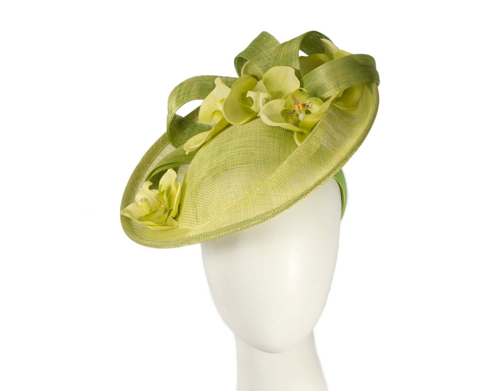 Large lime green fascinator with orchid flowers - Hats From OZ UK | S316LM Large lime green fascinator with orchid flowers - Hats From OZ UK