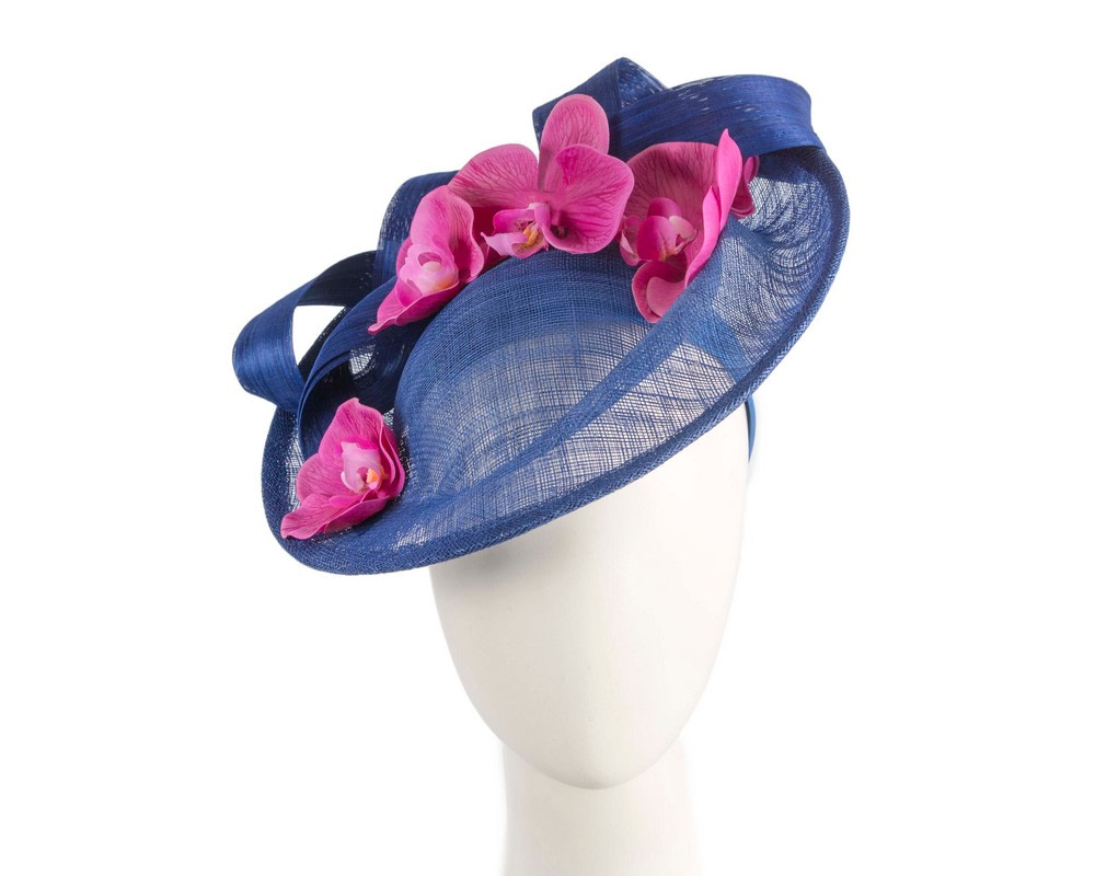 Large blue fascinator with fuchsia orchid flowers - Hats From OZ UK Large blue fascinator with fuchsia orchid flowers