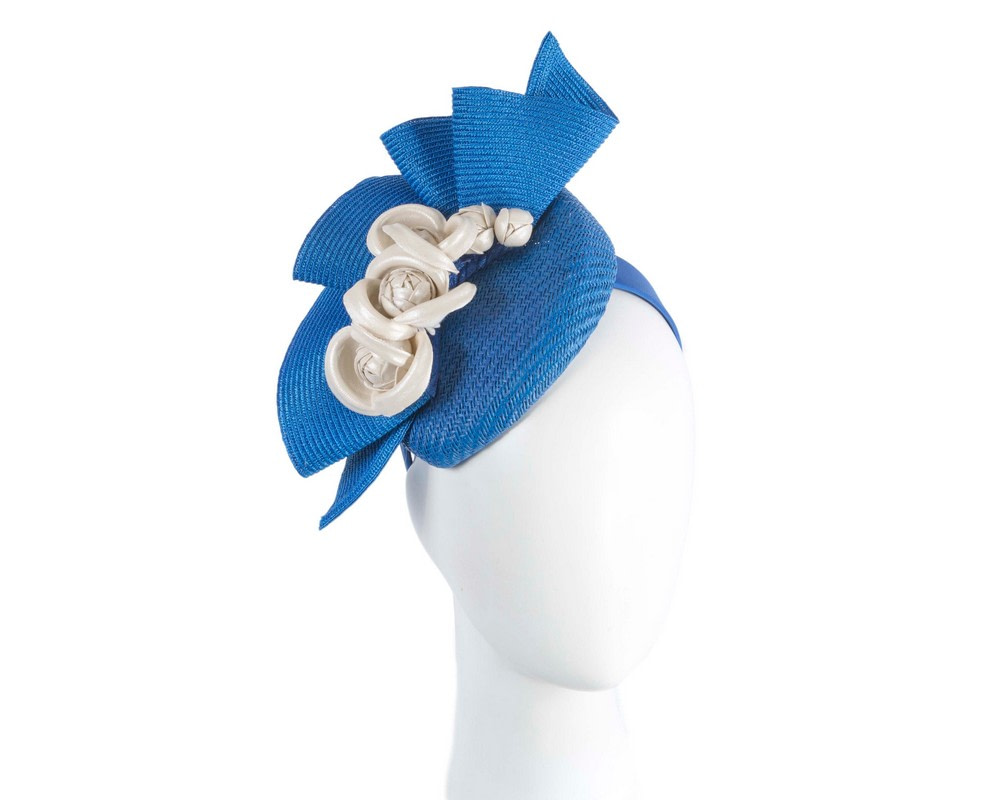 Blue pillbox with cream leather flowers by Fillies Collection - Hats From OZ UK