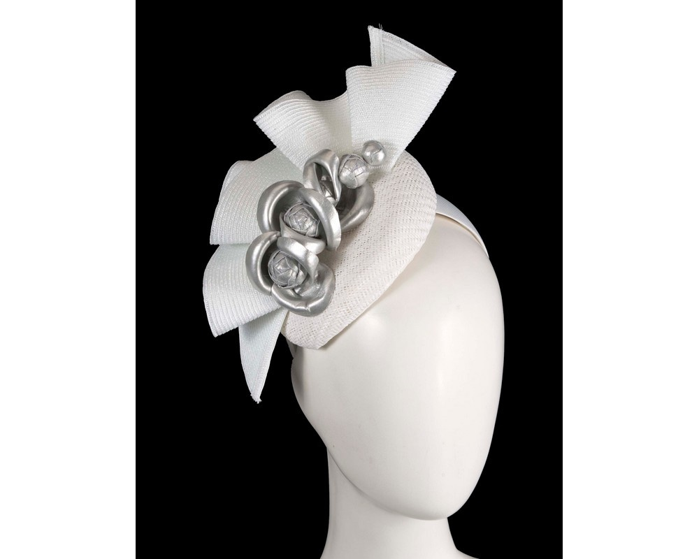 White pillbox with silver leather flowers by Fillies Collection - Hats From OZ UK