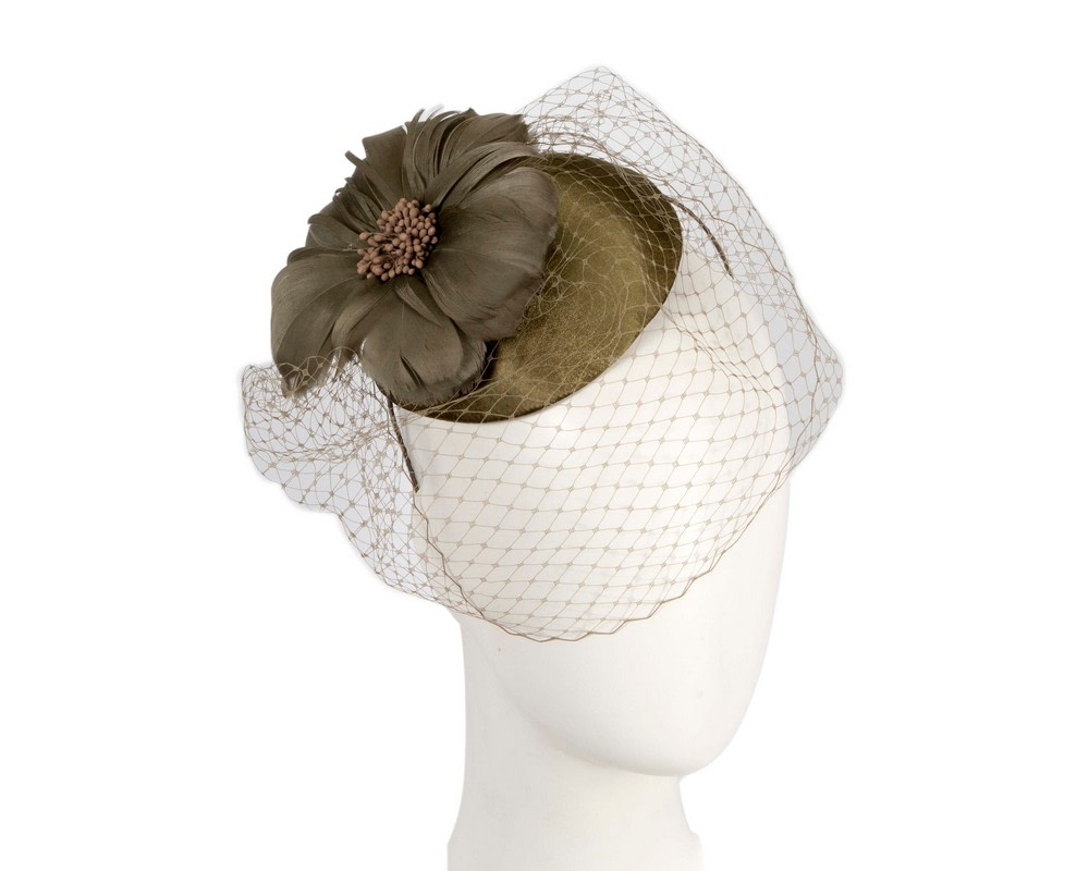 Olive fascinator with feather and veil - Hats From OZ UK