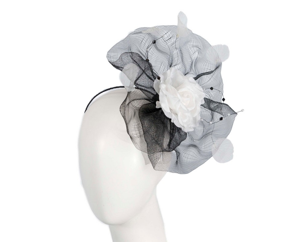 Large black fascinator with white flower - Hats From OZ UK Large black fascinator with white flower