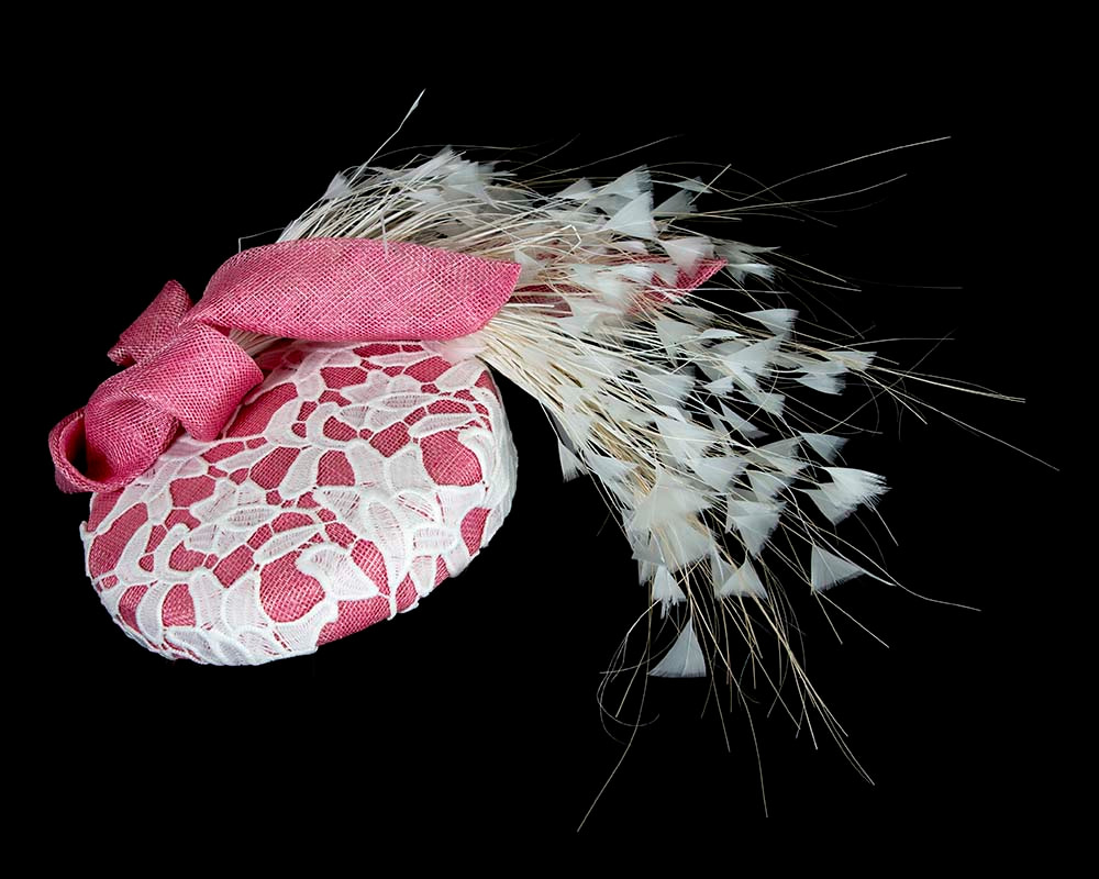 Pink pillbox fascinator with feathers by BELIEVERA - Hats From OZ UK Pink pillbox fascinator with feathers by BELIEVERA - Image 2