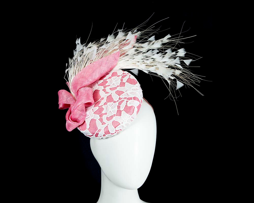 Pink pillbox fascinator with feathers by BELIEVERA - Hats From OZ UK Pink pillbox fascinator with feathers by BELIEVERA