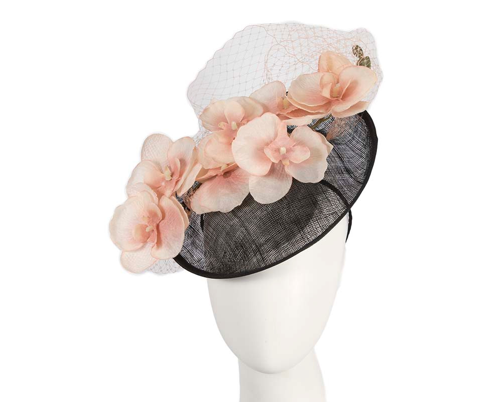 Black fascinator with peach flower by BELIEVERA - Hats From OZ UK