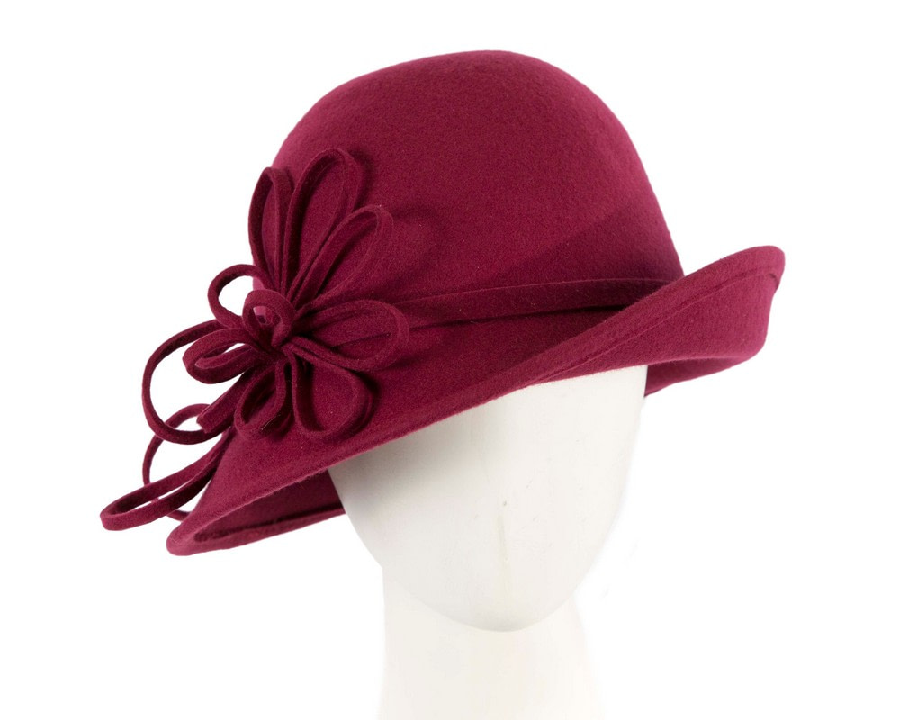 Burgundy felt winter hat with flower by Max Alexander J439 - Hats From OZ
